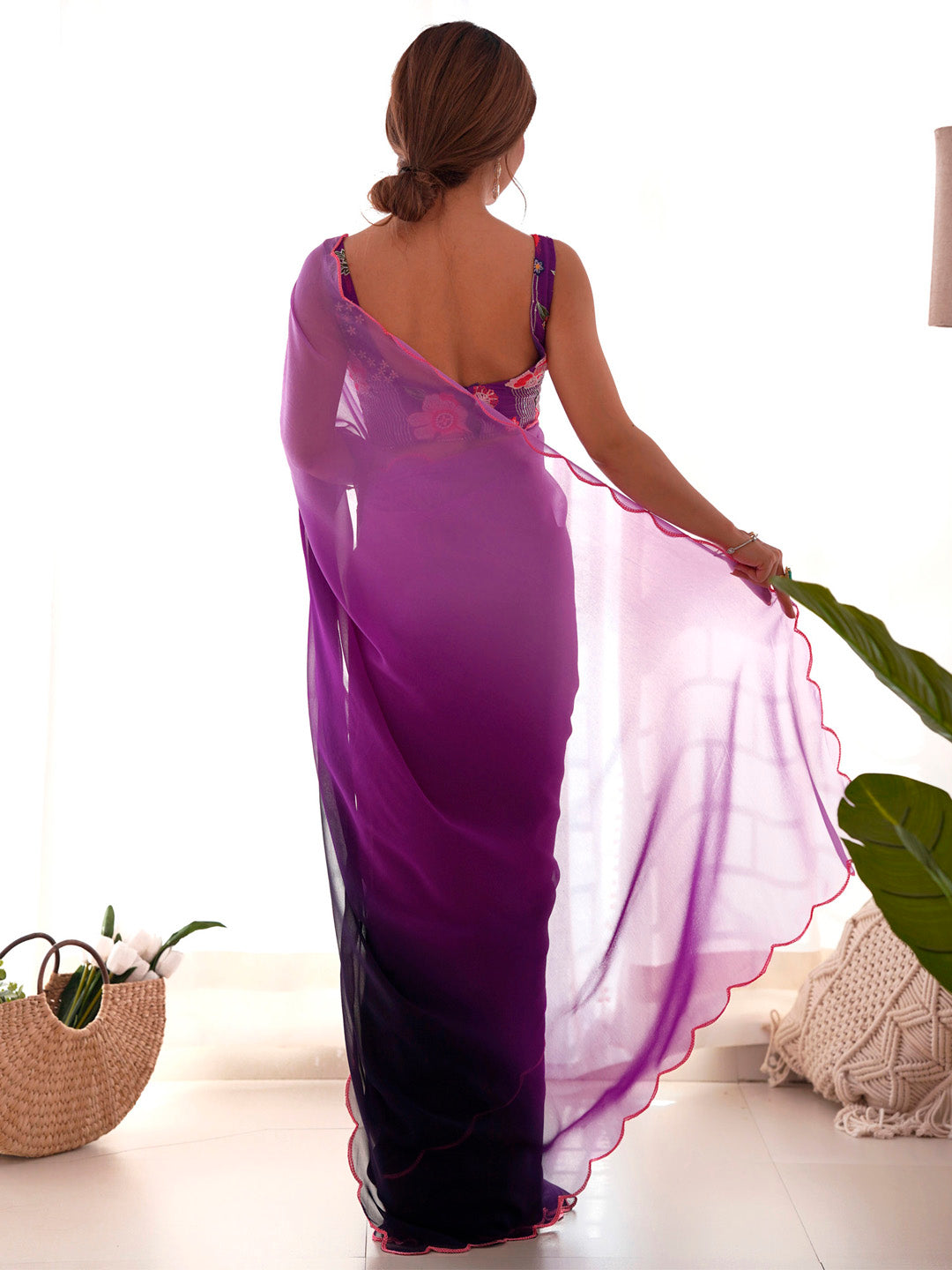 NOZ2TOZ Women's Georgette Purple Embellished Designer Saree With Blouse Piece - Distacart