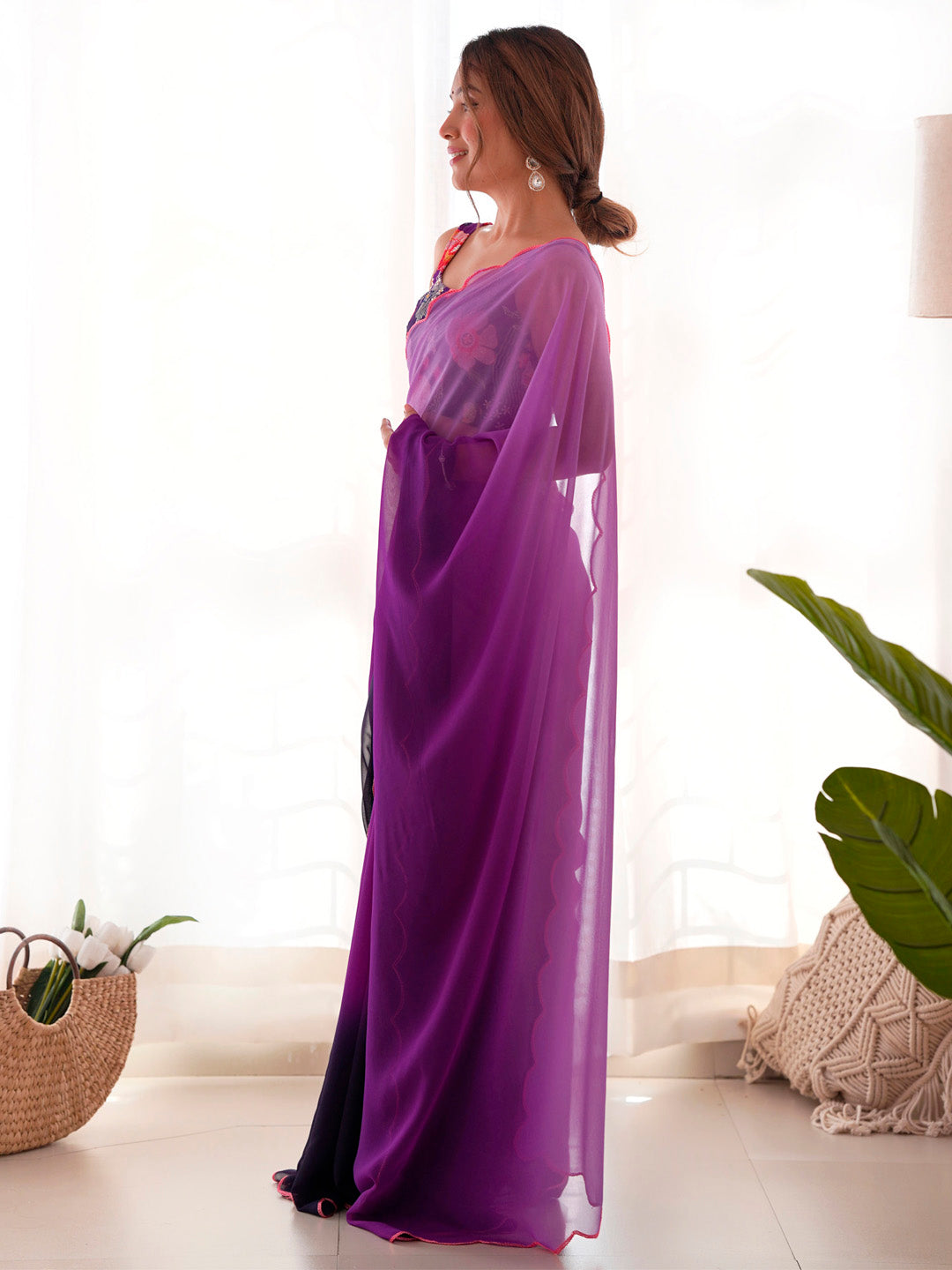 NOZ2TOZ Women's Georgette Purple Embellished Designer Saree With Blouse Piece - Distacart