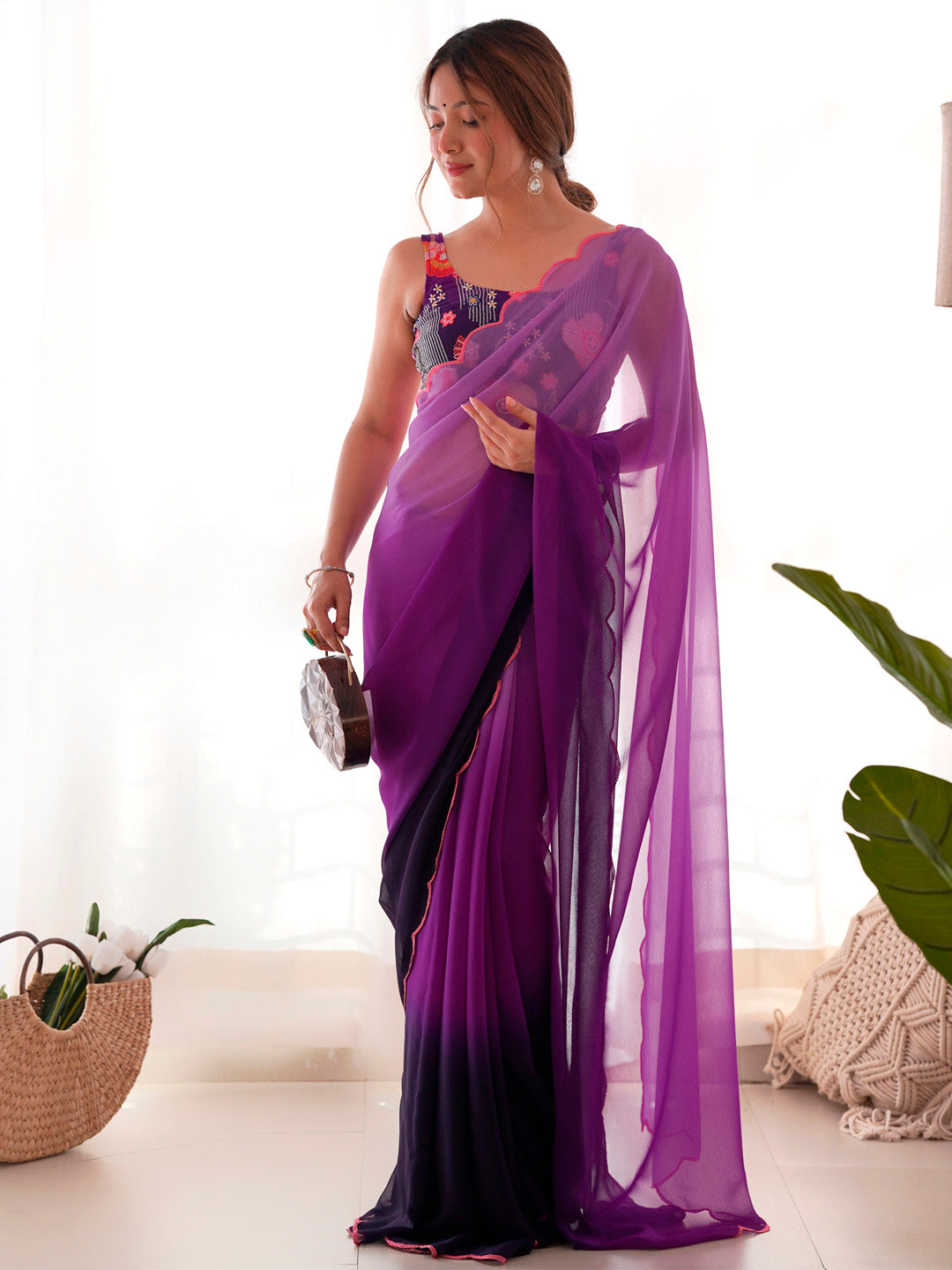 NOZ2TOZ Women's Georgette Purple Embellished Designer Saree With Blouse Piece - Distacart