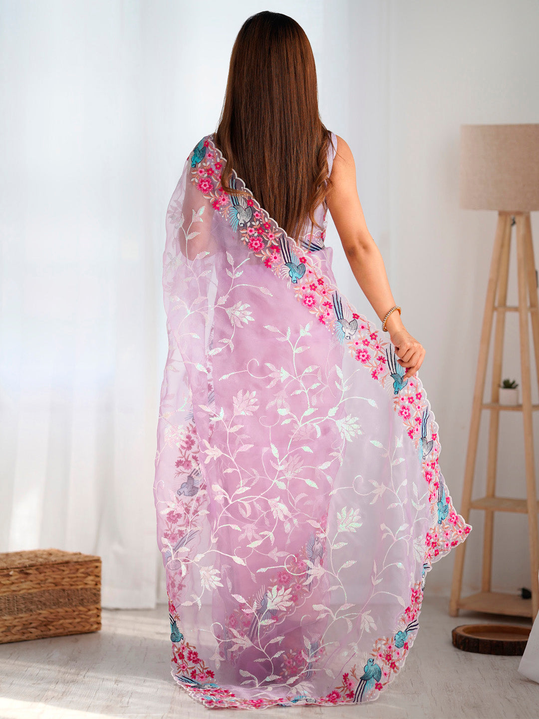 NOZ2TOZ Women's Organza Lavender Embroidered Designer Saree With Blouse Piece - Distacart