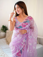 Thumbnail for NOZ2TOZ Women's Organza Lavender Embroidered Designer Saree With Blouse Piece - Distacart