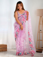 Thumbnail for NOZ2TOZ Women's Organza Lavender Embroidered Designer Saree With Blouse Piece - Distacart