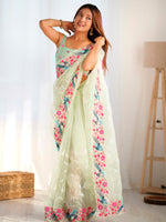 Thumbnail for NOZ2TOZ Women's Organza Light Green Embroidered Designer Saree With Blouse Piece - Distacart