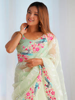 Thumbnail for NOZ2TOZ Women's Organza Light Green Embroidered Designer Saree With Blouse Piece - Distacart
