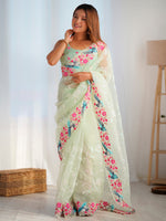 Thumbnail for NOZ2TOZ Women's Organza Light Green Embroidered Designer Saree With Blouse Piece - Distacart