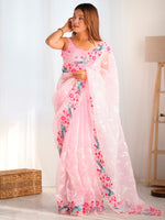Thumbnail for NOZ2TOZ Women's Organza Pink Embroidered Designer Saree With Blouse Piece - Distacart