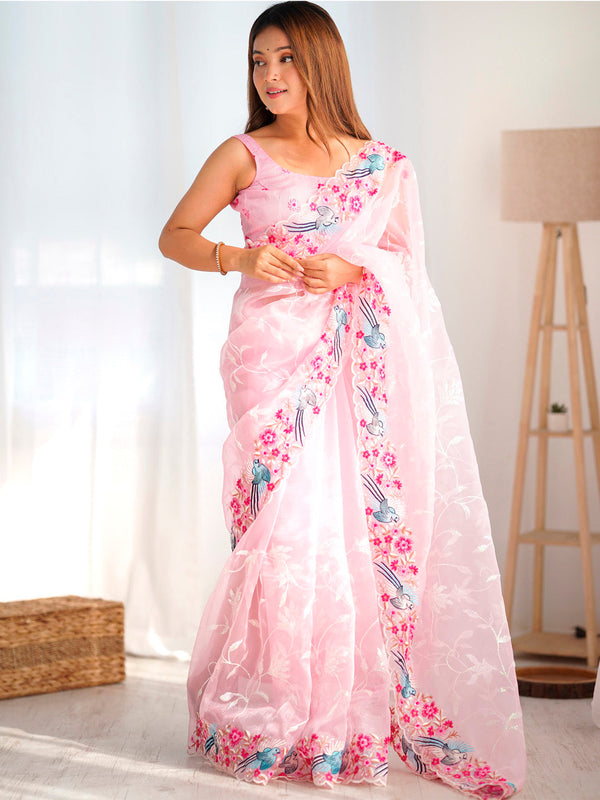 NOZ2TOZ Women's Organza Pink Embroidered Designer Saree With Blouse Piece - Distacart
