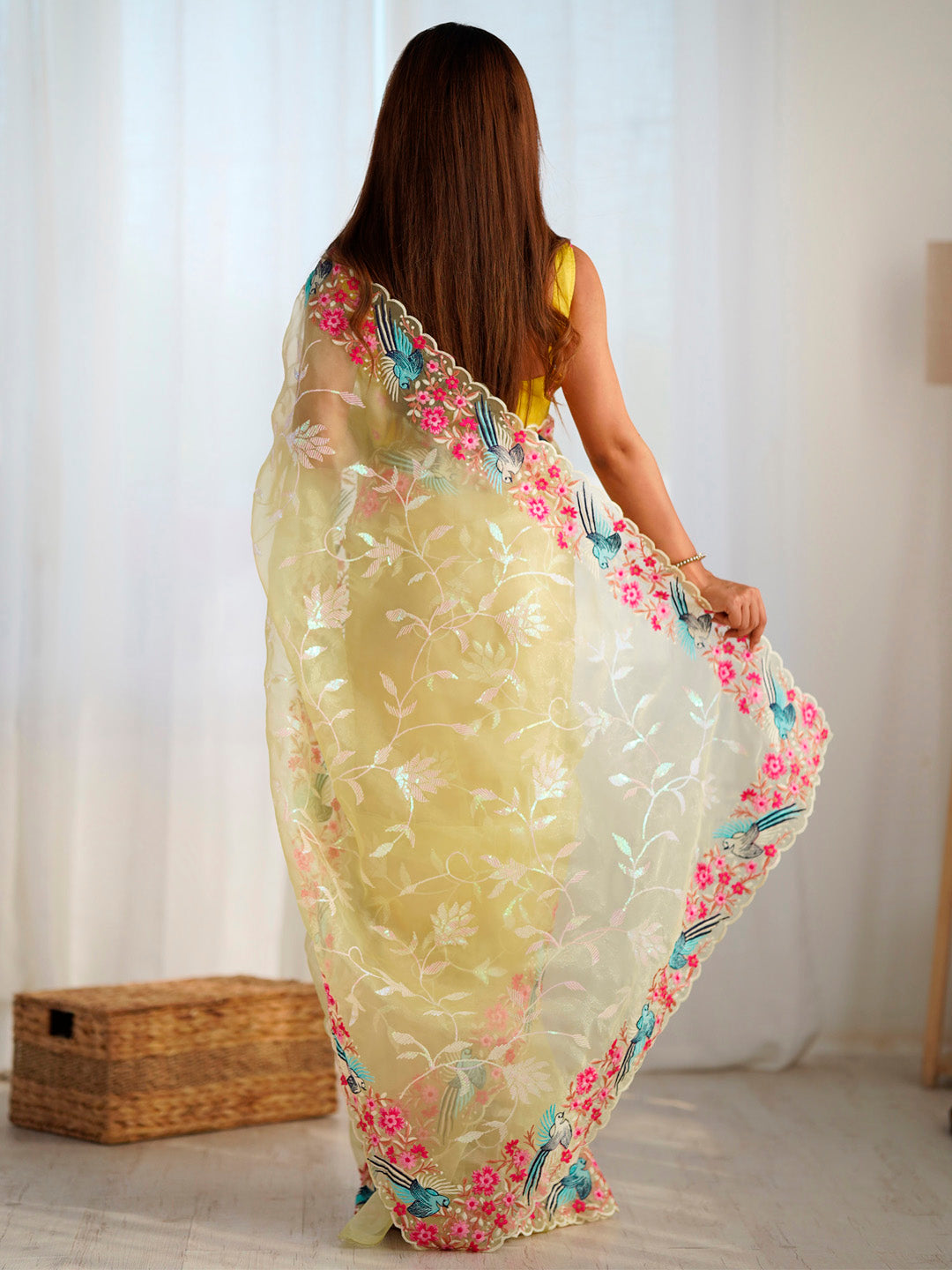 NOZ2TOZ Women's Organza Yellow Embroidered Designer Saree With Blouse Piece - Distacart
