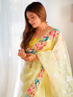 Thumbnail for NOZ2TOZ Women's Organza Yellow Embroidered Designer Saree With Blouse Piece - Distacart