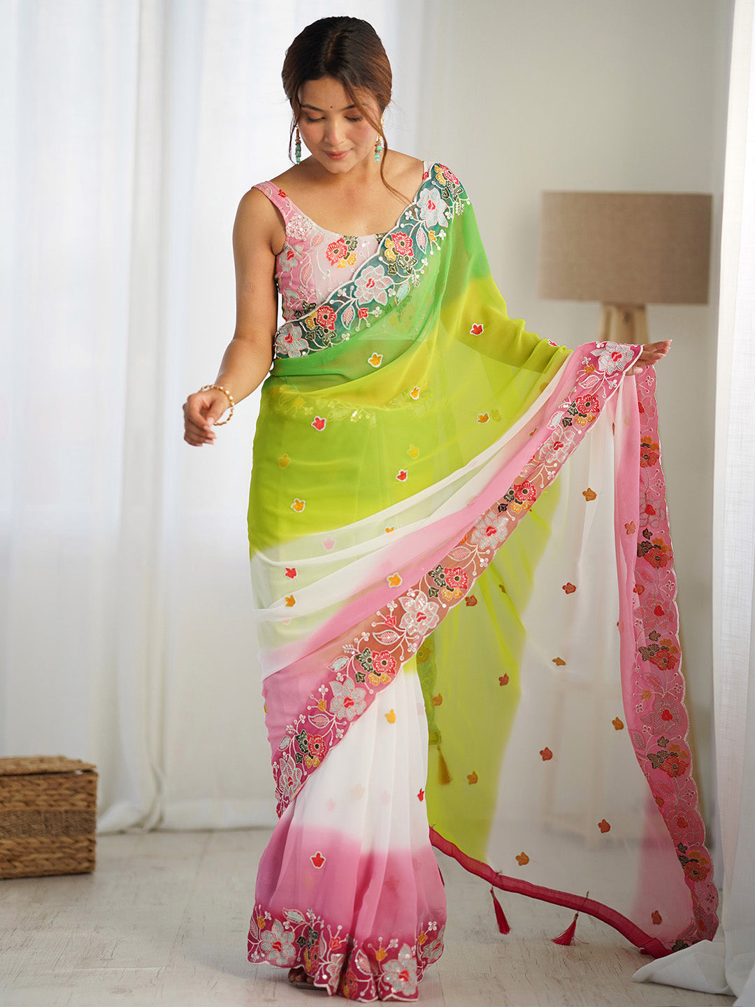 NOZ2TOZ Women's Georgette Pink Embellished Designer Saree With Blouse Piece - Distacart