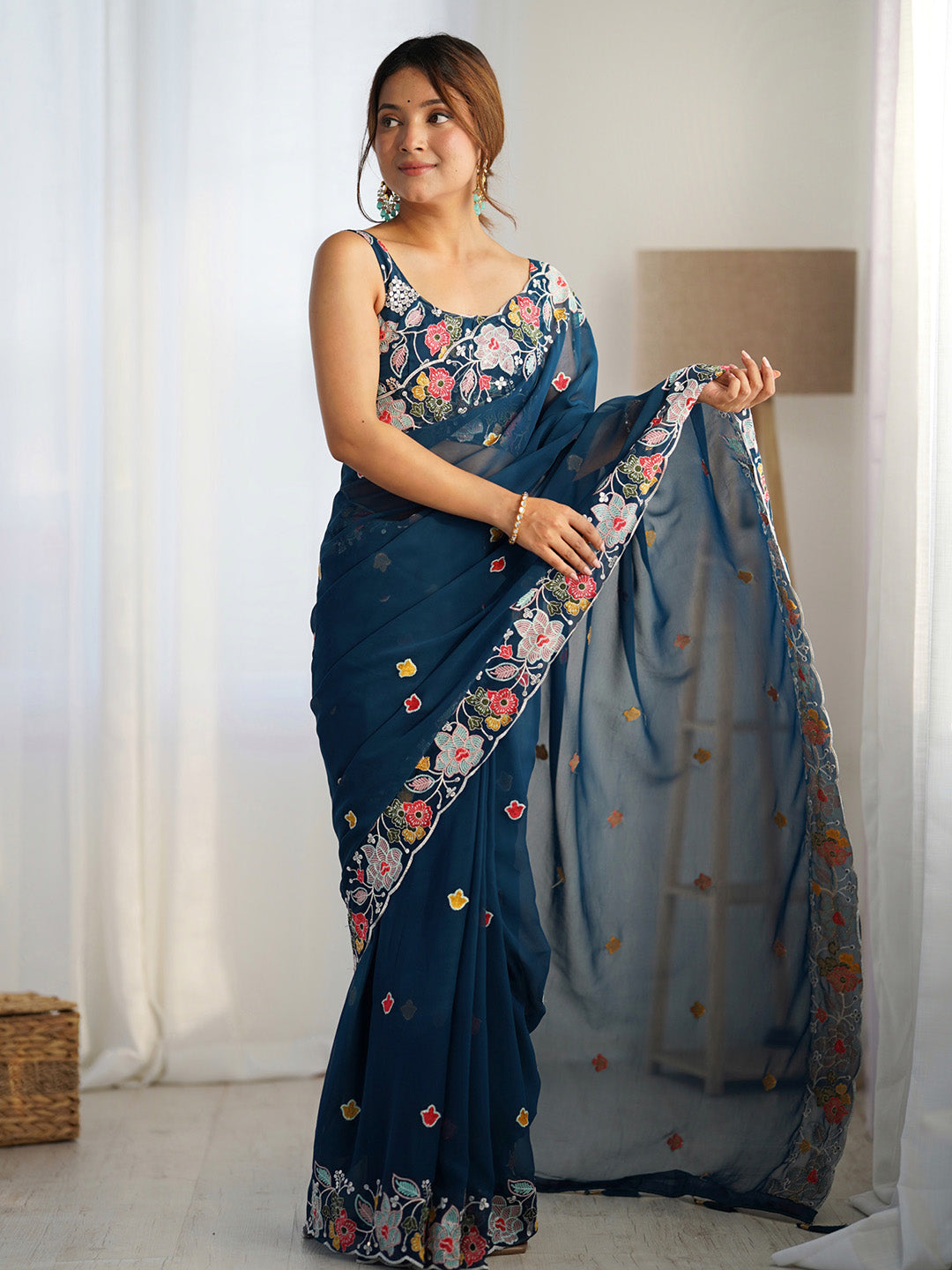 NOZ2TOZ Women's Georgette Navy Blue Embellished Designer Saree With Blouse Piece - Distacart