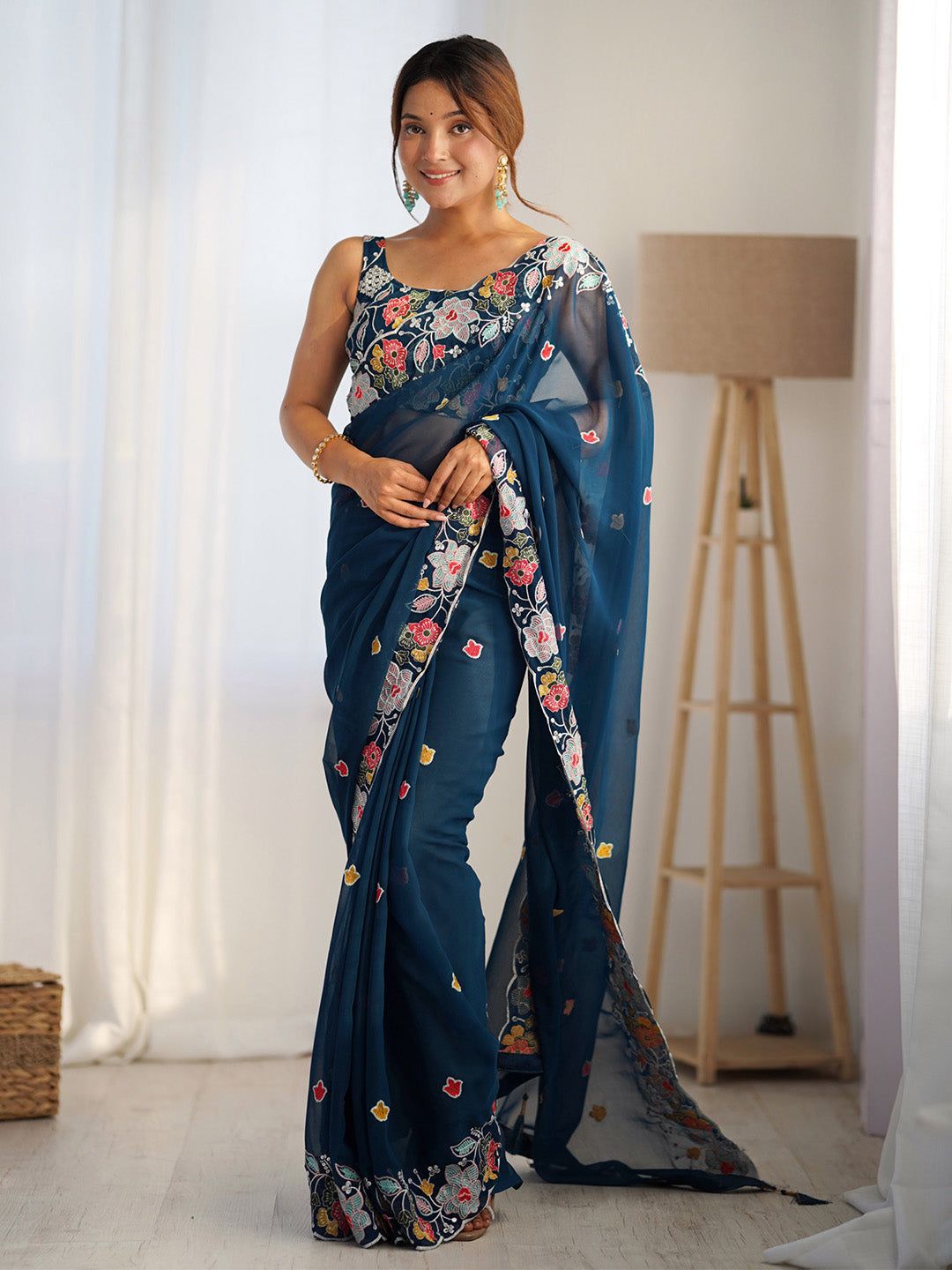 NOZ2TOZ Women's Georgette Navy Blue Embellished Designer Saree With Blouse Piece - Distacart