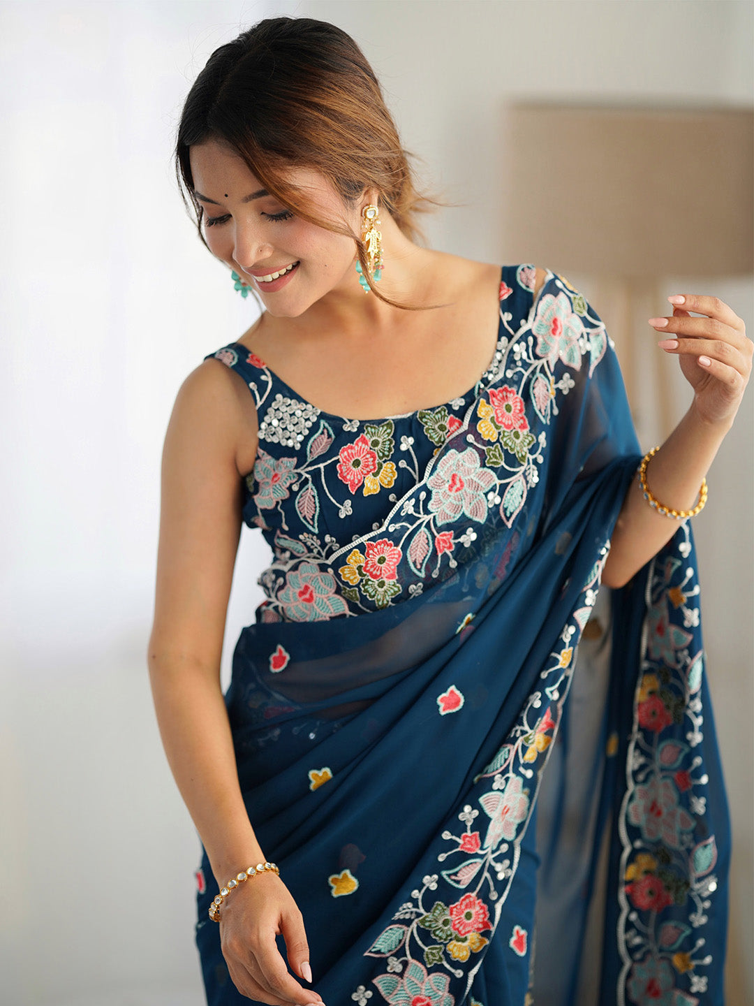 NOZ2TOZ Women's Georgette Navy Blue Embellished Designer Saree With Blouse Piece - Distacart