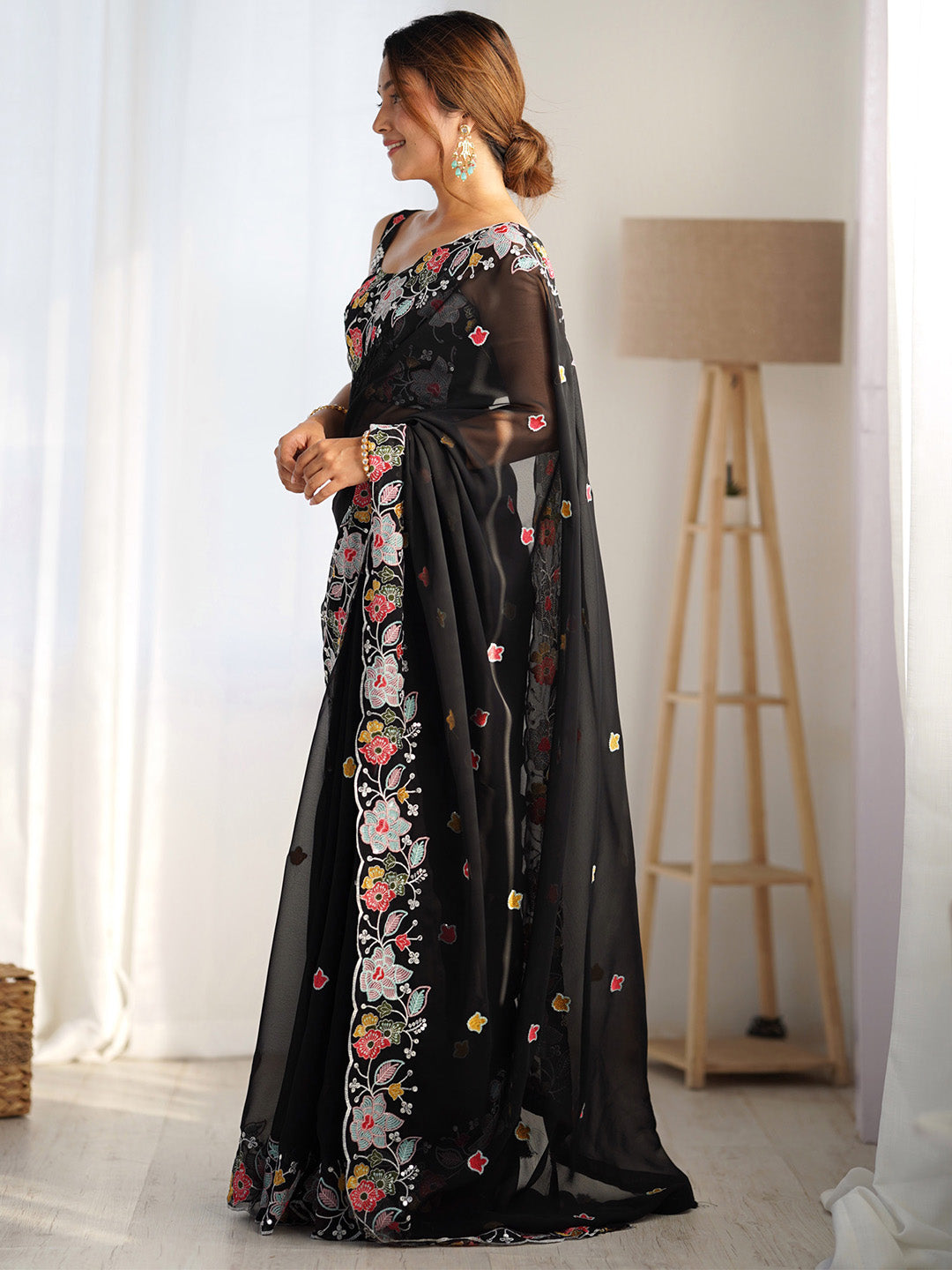 NOZ2TOZ Women's Georgette Black Embellished Designer Saree With Blouse Piece - Distacart