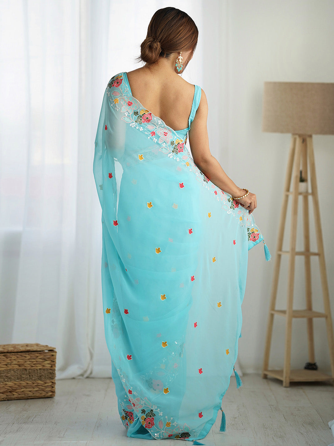NOZ2TOZ Women's Georgette Light Blue Embellished Designer Saree With Blouse Piece - Distacart