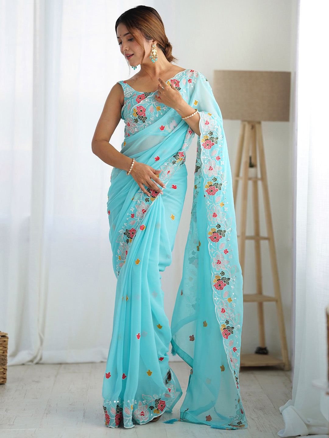 NOZ2TOZ Women's Georgette Light Blue Embellished Designer Saree With Blouse Piece - Distacart