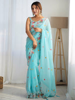 Thumbnail for NOZ2TOZ Women's Georgette Light Blue Embellished Designer Saree With Blouse Piece - Distacart