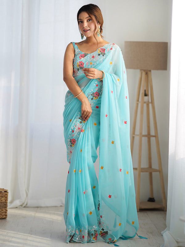 NOZ2TOZ Women's Georgette Light Blue Embellished Designer Saree With Blouse Piece - Distacart