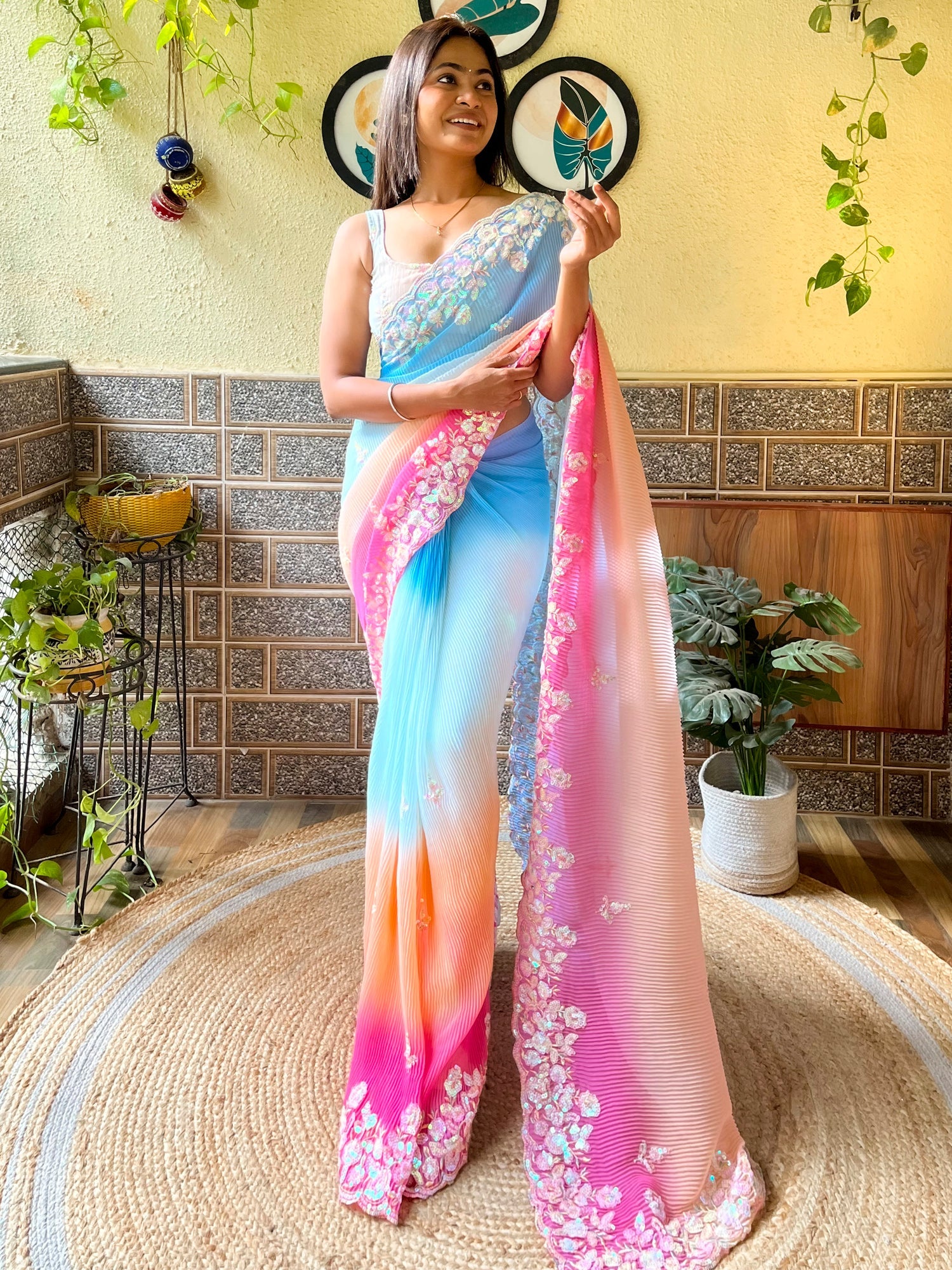 NOZ2TOZ Women's Georgette Light Blue Embellished Designer Saree With Blouse Piece - Distacart