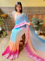 Thumbnail for NOZ2TOZ Women's Georgette Light Blue Embellished Designer Saree With Blouse Piece - Distacart