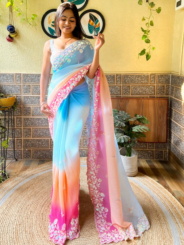 NOZ2TOZ Women's Georgette Light Blue Embellished Designer Saree With Blouse Piece - Distacart