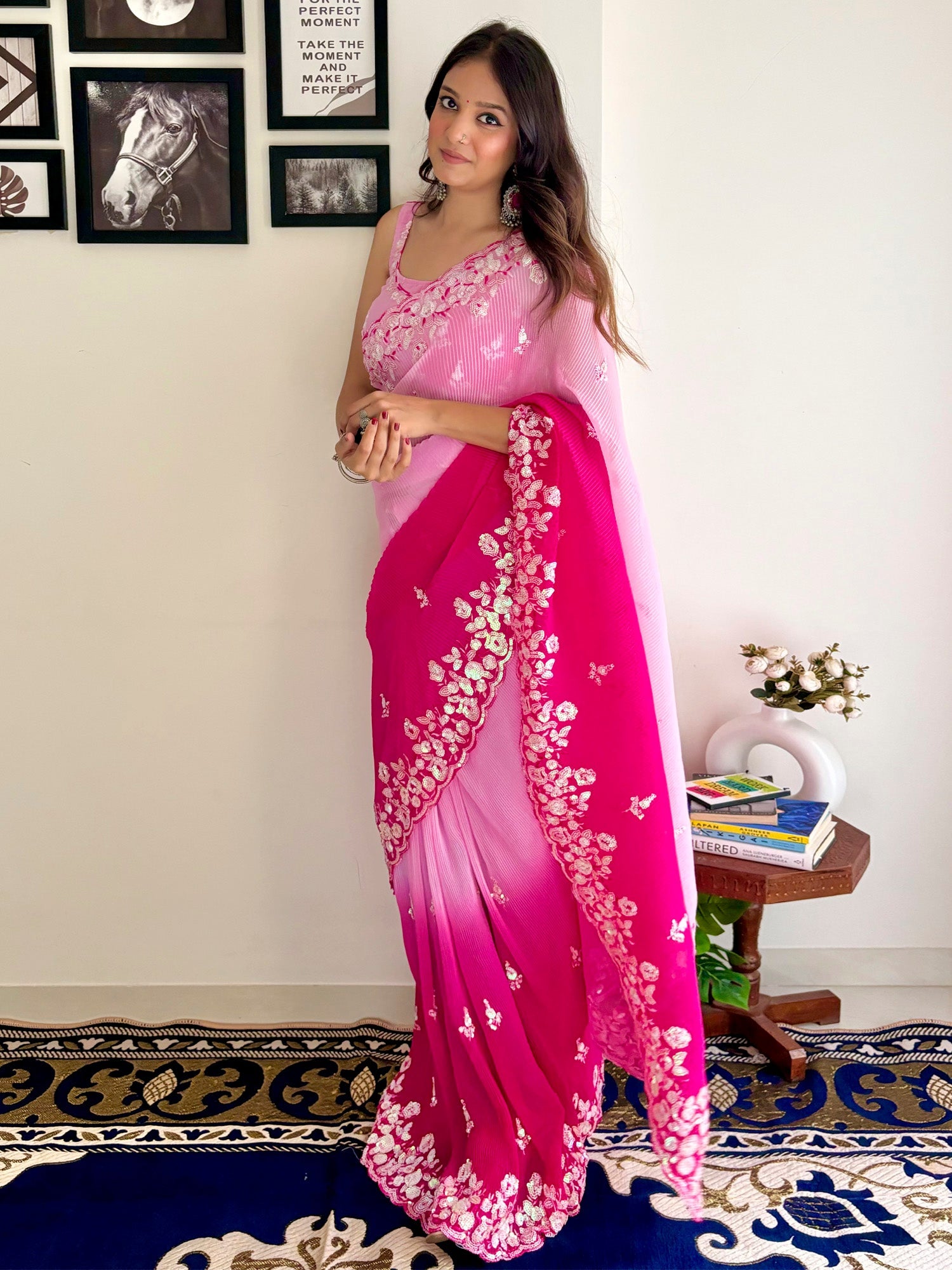 NOZ2TOZ Women's Georgette Pink Embellished Designer Saree With Blouse Piece - Distacart