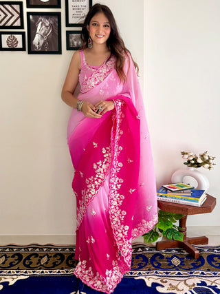 NOZ2TOZ Women's Georgette Pink Embellished Designer Saree With Blouse Piece - Distacart