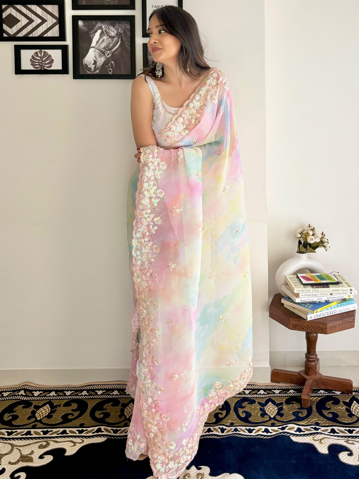 NOZ2TOZ Women's Georgette Multi Color Embellished Designer Saree With Blouse Piece - Distacart