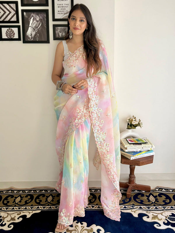 NOZ2TOZ Women's Georgette Multi Color Embellished Designer Saree With Blouse Piece - Distacart