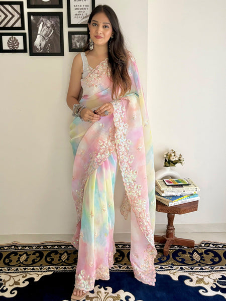 NOZ2TOZ Women's Georgette Multi Color Embellished Designer Saree With Blouse Piece - Distacart