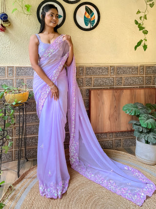 NOZ2TOZ Women's Georgette Lavender Embellished Designer Saree With Blouse Piece - Distacart