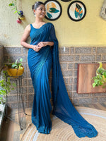 Thumbnail for NOZ2TOZ Women's Georgette Teal blue Embroidered Designer Saree With Blouse Piece - Distacart
