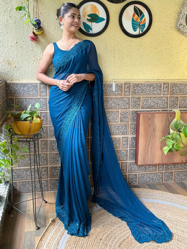 NOZ2TOZ Women's Georgette Teal blue Embroidered Designer Saree With Blouse Piece - Distacart