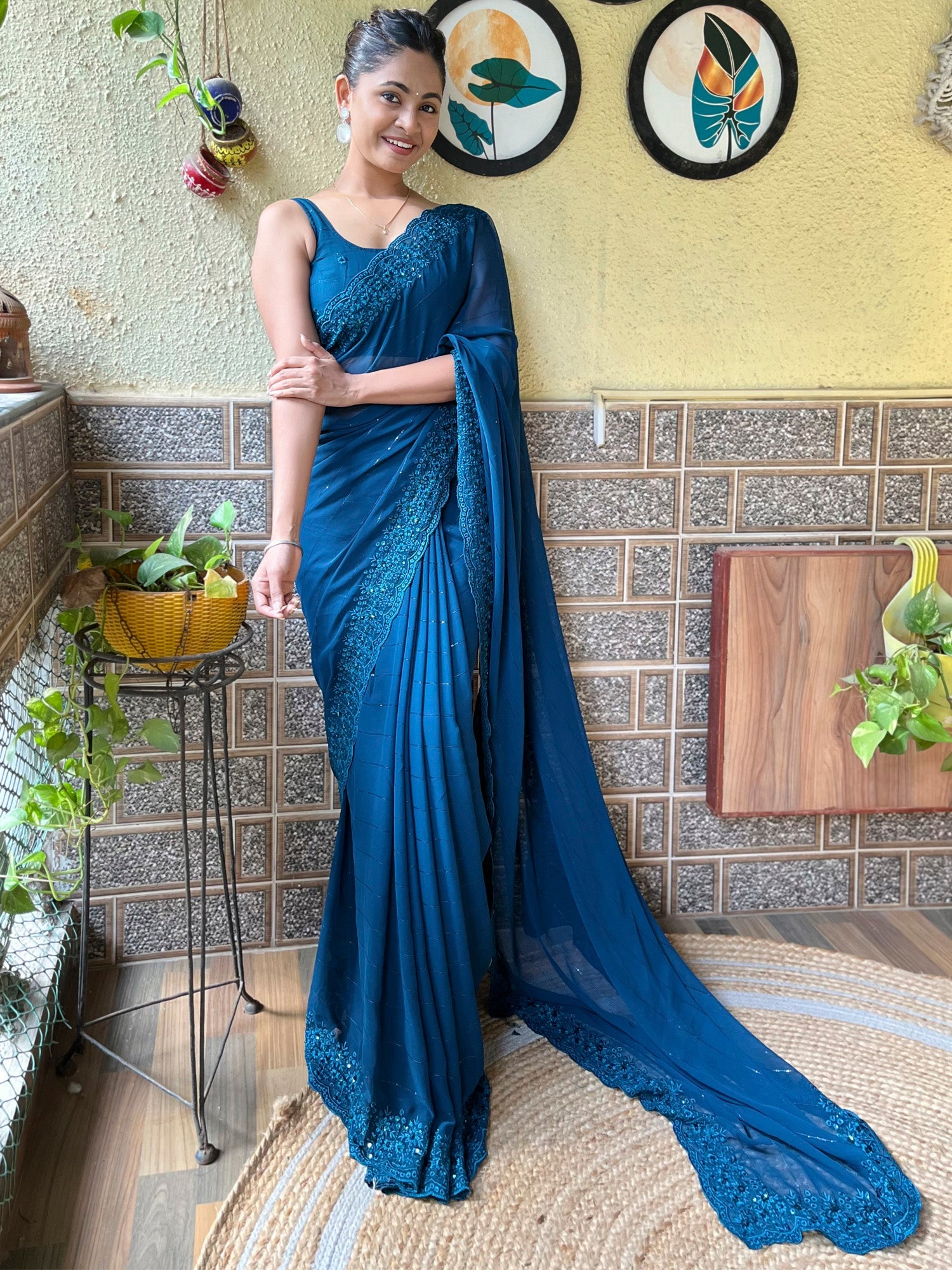 NOZ2TOZ Women's Georgette Teal blue Embroidered Designer Saree With Blouse Piece - Distacart