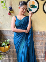 Thumbnail for NOZ2TOZ Women's Georgette Teal blue Embroidered Designer Saree With Blouse Piece - Distacart