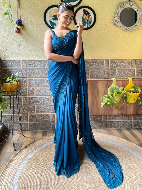 NOZ2TOZ Women's Georgette Teal blue Embroidered Designer Saree With Blouse Piece - Distacart
