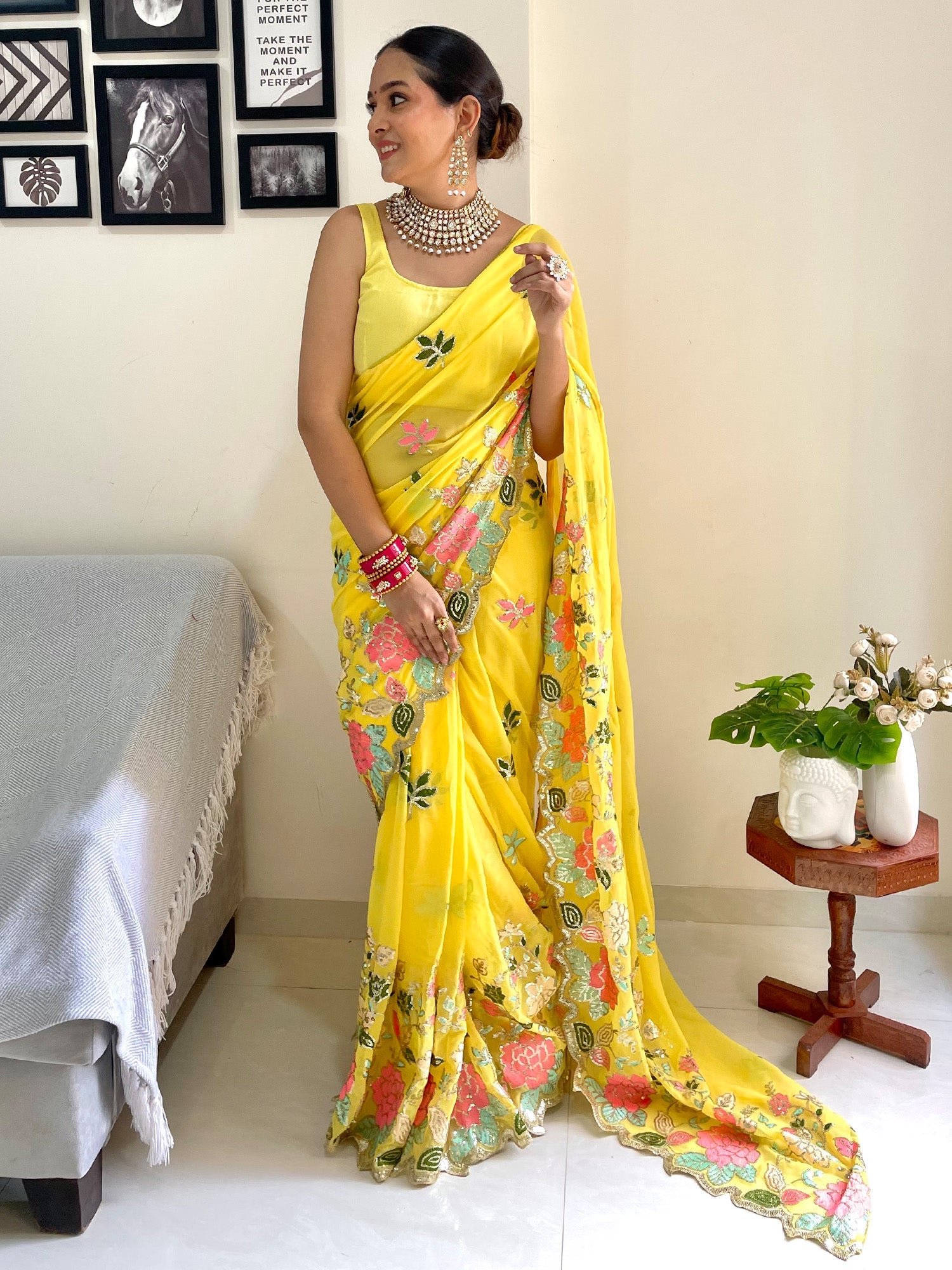 NOZ2TOZ Women's Georgette Yellow Embellished Designer Saree With Blouse Piece - Distacart