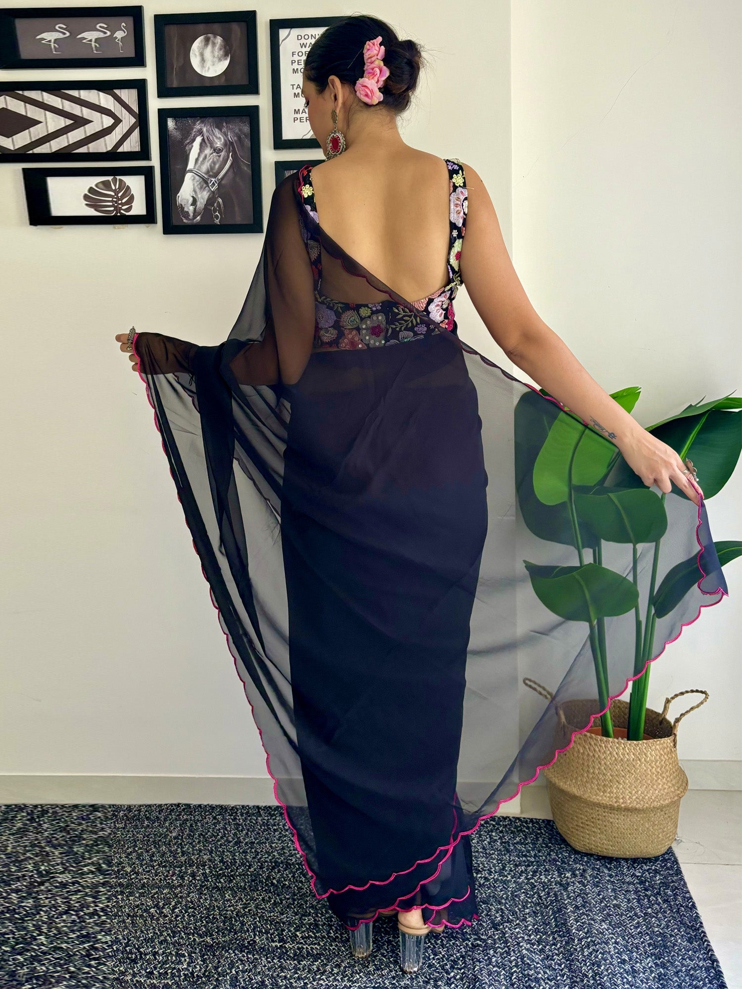 NOZ2TOZ Women's Georgette Black Embellished Designer Saree With Blouse Piece - Distacart