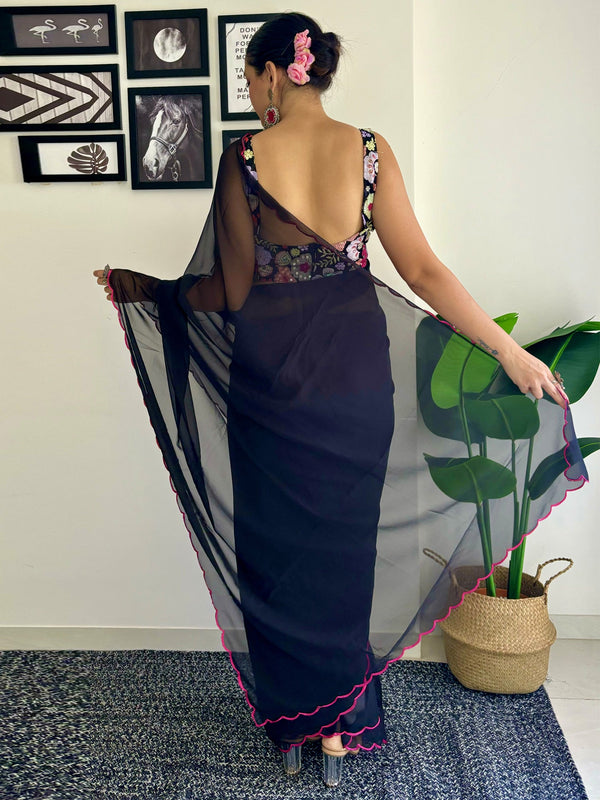 NOZ2TOZ Women's Georgette Black Embellished Designer Saree With Blouse Piece - Distacart