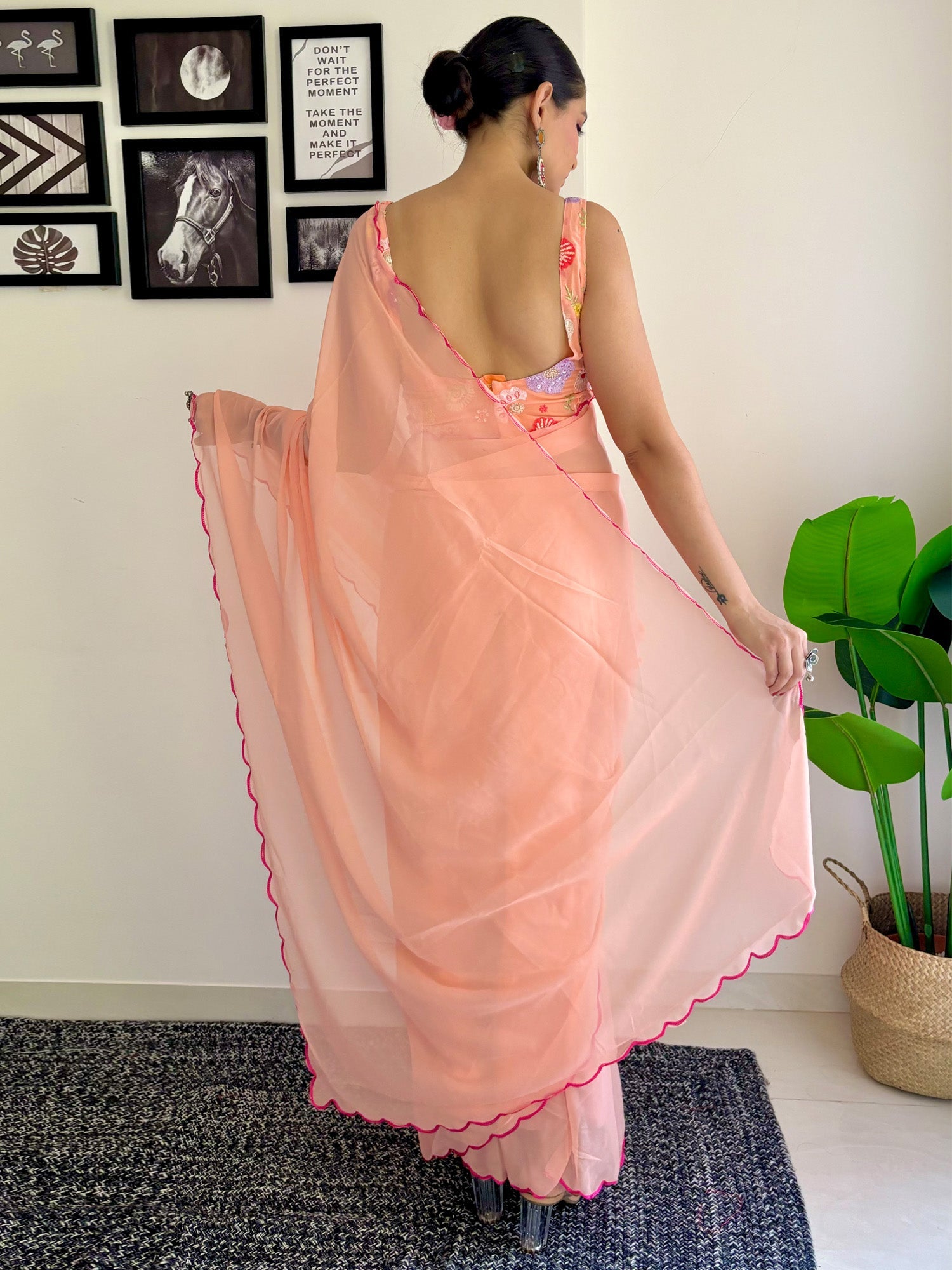 NOZ2TOZ Women's Georgette Peach Embellished Designer Saree With Blouse Piece - Distacart