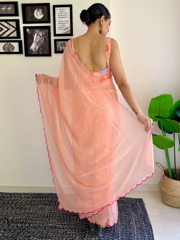NOZ2TOZ Women's Georgette Peach Embellished Designer Saree With Blouse Piece - Distacart