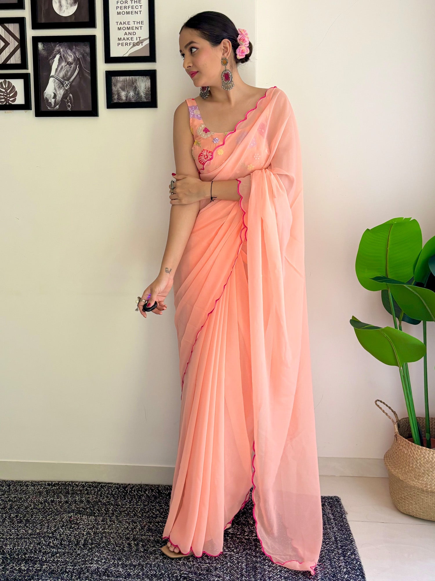 NOZ2TOZ Women's Georgette Peach Embellished Designer Saree With Blouse Piece - Distacart