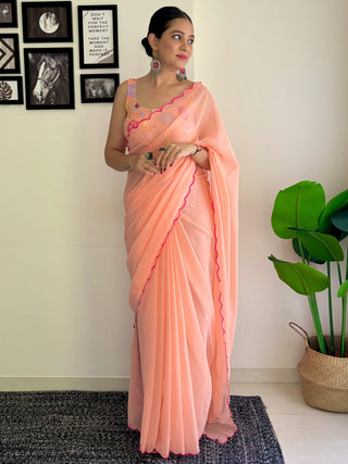 NOZ2TOZ Women's Georgette Peach Embellished Designer Saree With Blouse Piece - Distacart