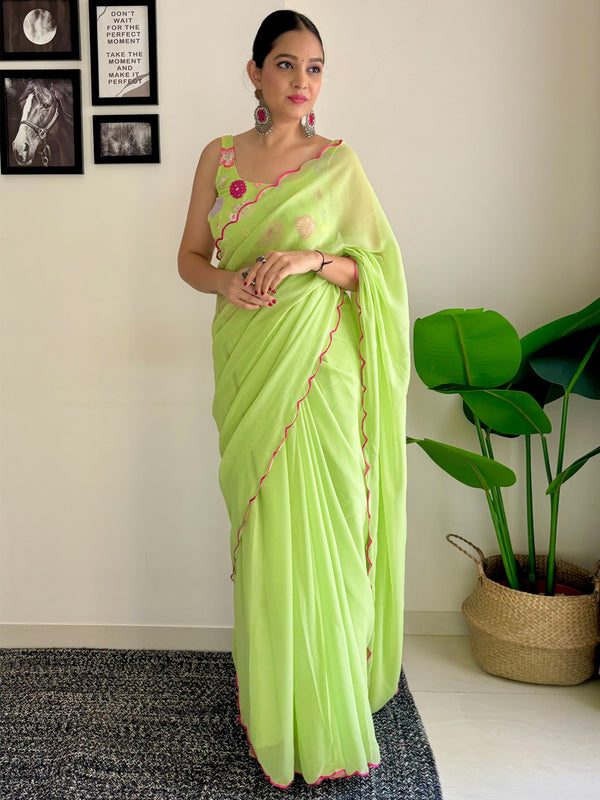 NOZ2TOZ Women's Georgette Light Green Embellished Designer Saree With Blouse Piece - Distacart