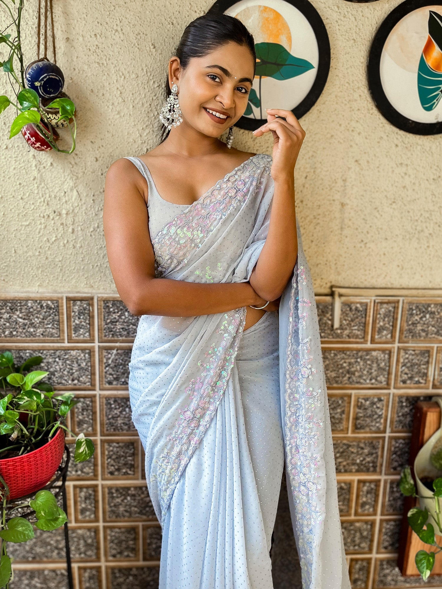 NOZ2TOZ Women's Georgette Grey Embellished Designer Saree With Blouse Piece - Distacart