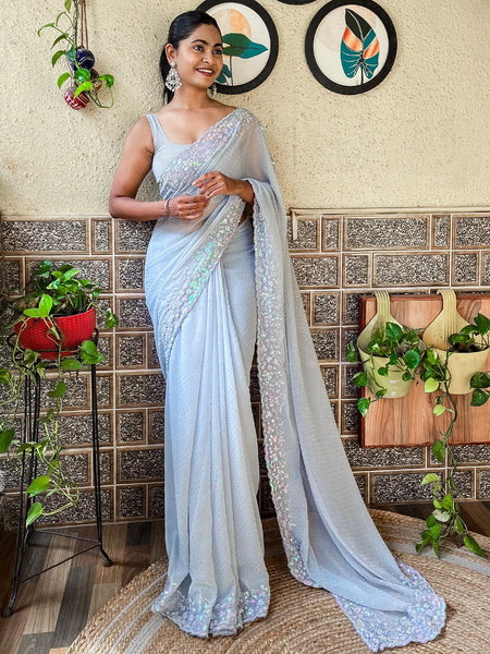 NOZ2TOZ Women's Georgette Grey Embellished Designer Saree With Blouse Piece - Distacart