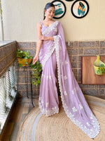 Thumbnail for NOZ2TOZ Women's Georgette Mauve Embroidered Designer Saree With Blouse Piece - Distacart