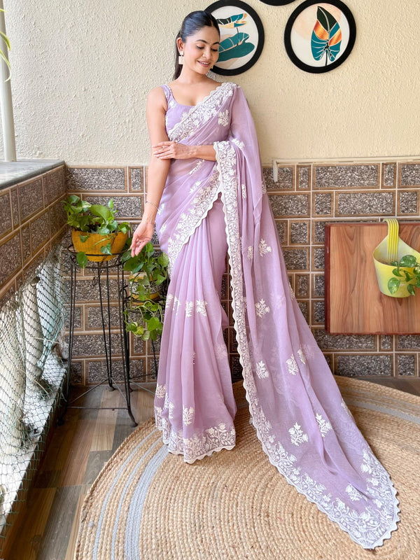 NOZ2TOZ Women's Georgette Mauve Embroidered Designer Saree With Blouse Piece - Distacart