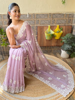 Thumbnail for NOZ2TOZ Women's Georgette Mauve Embroidered Designer Saree With Blouse Piece - Distacart