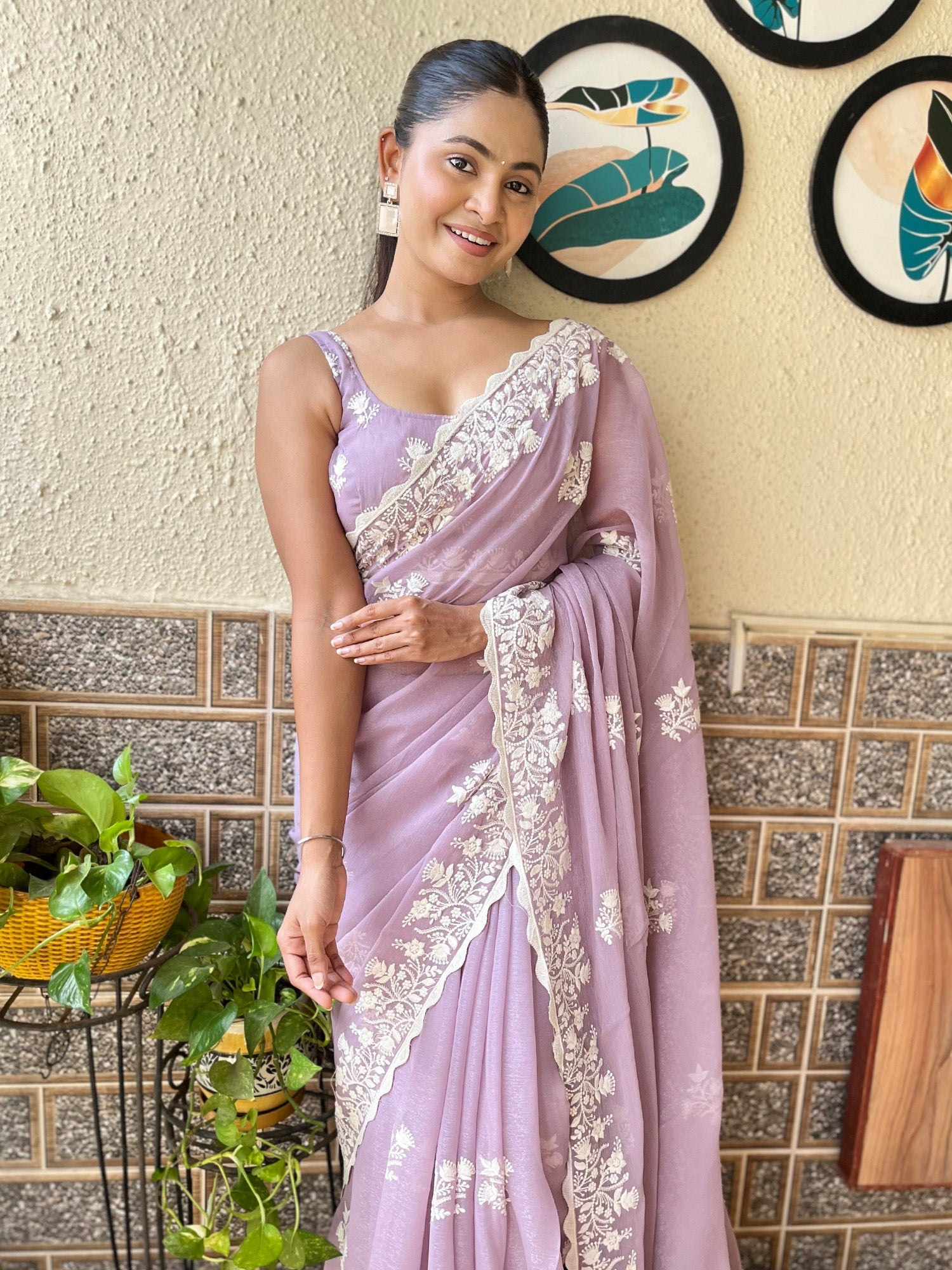 NOZ2TOZ Women's Georgette Mauve Embroidered Designer Saree With Blouse Piece - Distacart